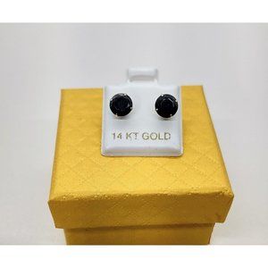 "HJ-E08" 14 Karat Yellow Gold Screw Back Black CZ Round Stud Earrings -7mm